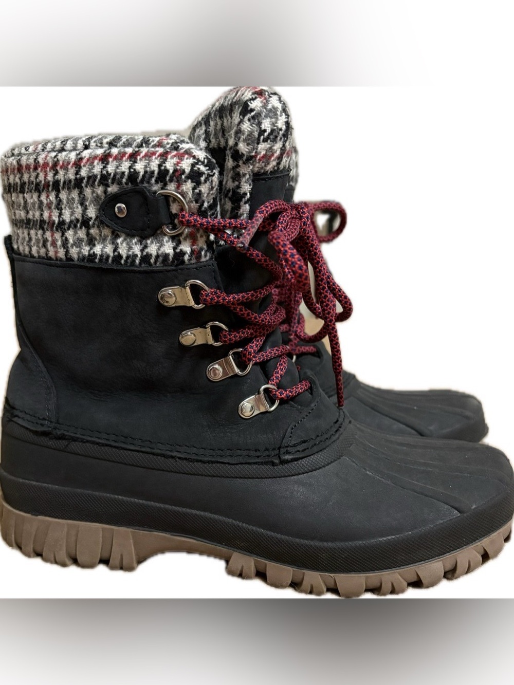 J.Crew The Perfect Winter Boot Black Plaid Houndstooth Duck Boots Size 8